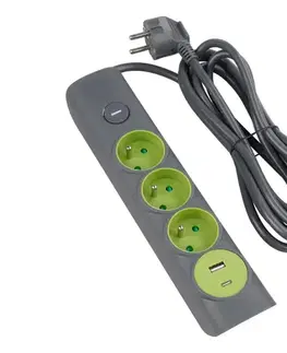 Predlžovacie káble  - Predlžovací kábel s vypínačom, 3 zásuvky, Typ E + 1x USB-A + 1x USB-C, 1,4 m, sivý 52001121