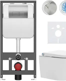 Záchody CERANO - Závesné WC s bidetom Basic/Cronus Standard - biela lesklá - WC tlačidlo Modulo/Strieborná - závesné - predstenová inštalácia - 59,3x38,4 CER-8050BD86463
