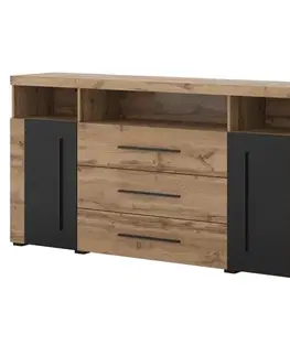 Komody so zásuvkami a dvierkami Komoda 182cm Roger 25 Dub Wotan/Cz.Matná