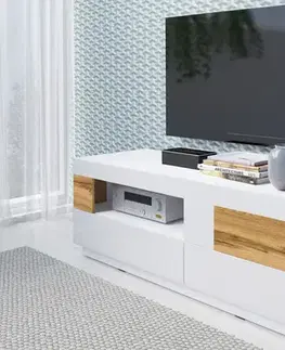 TV stolíky SELINKA 41 TV stolík 2 šuplíkový, biely lesk/dub wotan