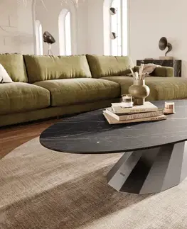 Konferenčné stolíky DELIFE Konferenčný stolík Edge oválny 140x80 cm keramika Laminam® Noir Desir hnedá Parabi nerezová oceľ kefovaná