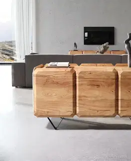 Komody DELIFE Komoda Kiano 145 cm akácia prírodná 3 dvierka podstava v tvare V čierna paraván