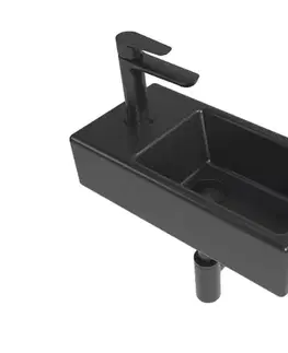 Kúpeľňové batérie SAT - Koupelnový set levého závěsného umývátka Brevis 40,5 cm, pákové baterie, sifonu, průtočné zátky a roháčků v černé barvě KSETBRE2LBKM KSETBRE2LBKM