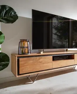 Televízne stolíky DELIFE TV stolík Stonegrace 175 cm akácia prírodná 2 dvierka 1 priehradka 1 zásuvka kamenná dyha podstava v tvare V