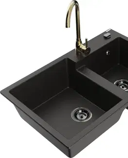 Kuchynské drezy MEXEN/S MEXEN/S - Tomas granitový drez 2-bowl vrátane batérie Telma, čierna/zlatá metalik 6516-75-670200-50-B