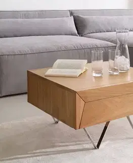 Konferenčné stolíky DELIFE Konferenčný stolík Kayu 60x60 cm akácia prírodná 2 zásuvky podstava v tvare V nerezová oceľ