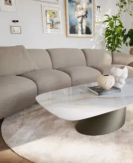 Konferenčné stolíky DELIFE Konferenčný stolík Edge zaoblený tvar 140×80 cm keramika Onyx Pearl Conis kov titánová farba efekt