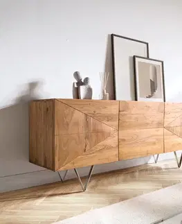 Komody DELIFE Dizajnová komoda Wyatt 175 cm 3D vzhľad stredná akácia prírodná nerezová oceľ