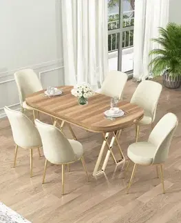 Jedálenské sety Dining Table & Chairs Set (7 Pieces) Lai - Light Walnut, Gold, Cream