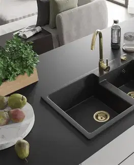 Kuchynské drezy MEXEN/S MEXEN/S - Tomas granitový drez 2-bowl vrátane batérie Telma, čierna/strieborná metalík 6516-73-670200-50