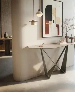 Konzolové stolíky DELIFE Konzolový stolík Edge polygonálny 140×50 cm keramika Laminam® Travertino Bianco krémovo biela Spios kov titánová farba efekt