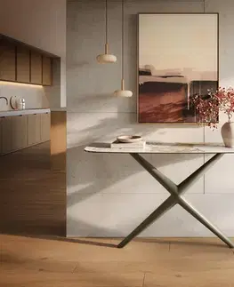 Konzolové stolíky DELIFE Konzolový stolík Edge zaoblený 140×40 cm keramika Minas Melange bielo-béžová Estelo kov titánová farba
