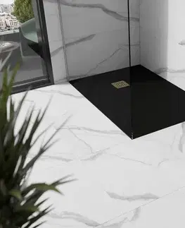 Vane MEXEN/S - Stone+ obdĺžniková sprchová vanička 120 x 100, čierna, mriežka zlatá 44701012-G