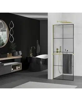 Sprchové dvere MEXEN/S - Kioto+ L Sprchová zástena WALK-IN s poličkou a držiakom uterákov 80 x 200, čierny vzor, zlatá kartáčovaná 800-080-123-55-77