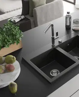 Kuchynské drezy MEXEN MEXEN - Hektor granitový drez 2-bowl 800 x 480 mm, čierna/zlatá metalik, sifón chróm 6521802000-75