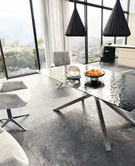 Jedálenské stoly DELIFE Jedálenský stôl Edge 200x100 reliéfne sklo dymovo čierna 3D dizajn krížová podstava hranatý nerezová oceľ