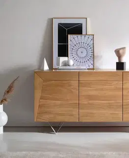 Komody DELIFE Komoda Kayu 145x40x70 cm akácia prírodná 3 dvierka podstava v tvare V