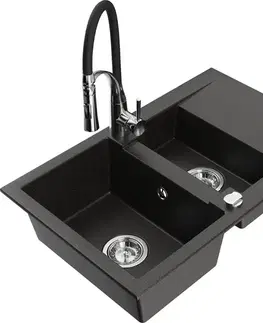 Kuchynské drezy MEXEN/S MEXEN/S - Gaspar granitový drez 1.5 s odkvapkávačom vrátane batérie Aster, čierna/zlatá metalik 6507-75-73450-07