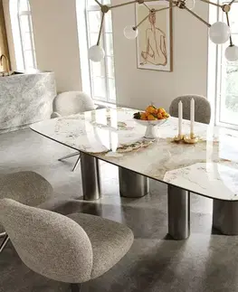 Jedálenské stoly DELIFE Jedálenský stôl Edge zaoblený 240×120 cm keramika Minas Melange bielo-béžová pilier nerezová oceľ grafitová
