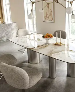 Jedálenské stoly DELIFE Jedálenský stôl Edge zaoblený 240×120 cm keramika Minas Melange bielo-béžová Troa nerezová oceľ kefovaná