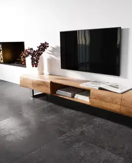 Televízne stolíky DELIFE TV stolík New Live-Edge 240 cm akácia prírodná 4 dvierka 1 priehradka tenká podstava nerezová oceľ kefovaná