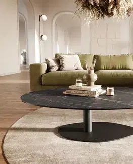 Konferenčné stolíky DELIFE Konferenčný stolík Edge oválny 140x80 cm keramika Laminam® Noir Desir hnedá Vibany kov čierna