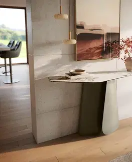 Konzolové stolíky DELIFE Konzolový stolík Edge polygonálny 140×50 cm keramika Minas melange bielo-béžová Livos kov titánová farba