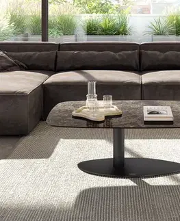 Konferenčné stolíky DELIFE Konferenčný stolík Edge zaoblený 120x70 cm keramika Laminam® Emperador Extra Lucidato tmavohnedá Vibany kov čierna