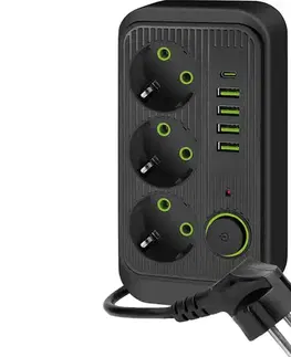 Predlžovacie káble  Rozbočovacia zásuvka s vypínačom LINEA 3x230V + 5xUSB A/C SCHUKO 5 m čierna KGLPZW3U5D5C