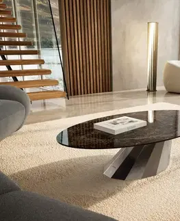 Konferenčné stolíky DELIFE Konferenčný stolík Edge oválny 140x80 cm keramika Laminam® Emperador Extra Lucidato tmavohnedá Parabi nerezová oceľ kefovaná