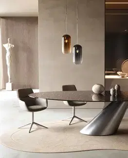 Jedálenské stoly DELIFE Jedálenský stôl Edge oválny 280x130 reliéfne sklo dymovo čierna 3D dizajn Cono metalická strieborná