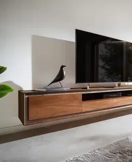 Televízne stolíky DELIFE TV stolík Stonegrace 240 cm akácia hnedá 2 dvierka 2 zásuvky 1 priehradka kamenná dyha závesný