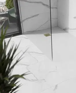 Vane MEXEN/S - Stone+ obdĺžniková sprchová vanička 180 x 90, biela, mriežka zlatá 44109018-G