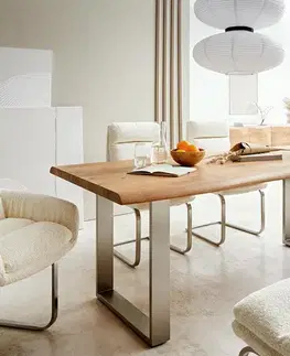 Jedálenské stoly DELIFE Jedálenský stôl Edge 200x100 XL akácia prírodná nerezová oceľ úzky Live-Edge