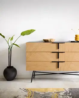 Komody DELIFE Komoda Mikkusu 140 cm bambus prírodná mango čierna 6 zásuviek kov čierna