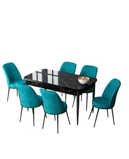 Jedálenské sety Extendable Dining Table & Chairs Set (7 Pieces) Zen - Black Marble, Turquoise