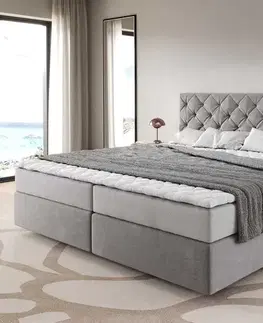 Postele Boxspring DELIFE Boxspring posteľ Dream-Great mikrovlákno sivá 200x200 cm s vreckovou pružinovou matracou a topperom Visco