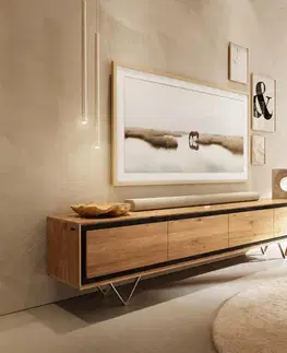 Televízne stolíky DELIFE TV stolík Stonegrace 200 cm dub prírodný 4 dvierka kamenná dyha podstava v tvare V nerezová oceľ