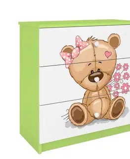 Komody so zásuvkami Detská komoda Babydreams zelená – Medveď s kvetmi