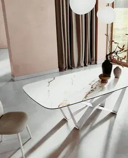 Jedálenské stoly DELIFE Jedálenský stôl Edge zaoblený tvar 240x120 cm keramika Calacatta Luxe bielo-zlato-šedá Spider kov biela