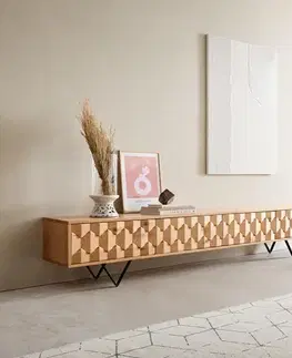 Televízne stolíky DELIFE TV stolík Fevo 220 cm dub prírodný 4 dvierka podstava v tvare V kov čierna