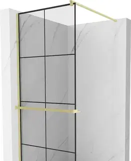 Sprchové dvere MEXEN/S - Kioto+ Sprchová zástena WALK-IN s poličkou a držiakom uterákov 70 x 200, čierny vzor, zlatá kartáčovaná 800-070-121-55-77