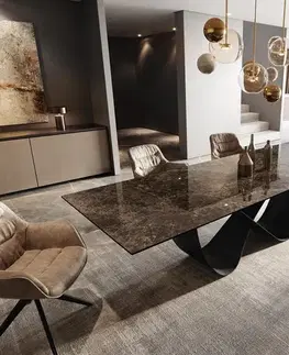 Jedálenské stoly DELIFE Jedálenský stôl Edge 200-300x100 keramika Laminam® Emperador Extra Lucidato tmavohnedá Infinity kov čierna rozkladací