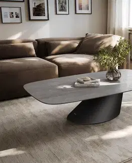 Konferenčné stolíky DELIFE Konferenčný stolík Edge zaoblený 140×80 cm keramika betón sivá Conis kov čierna
