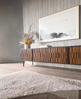 Televízne stolíky DELIFE TV stolík Kallam 200 cm šíšam orech mango čierna kov čierna 4 dvierka