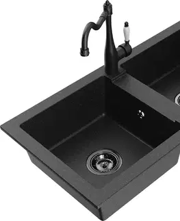 Kuchynské drezy MEXEN/S MEXEN/S - Mario granitový drez 2-bowl vrátane batérie Carla, čierna/strieborná metalík 6504-73-670700-70-B
