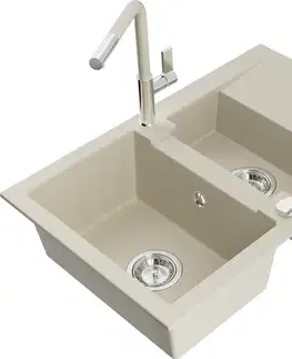 Kuchynské drezy MEXEN/S MEXEN/S - Gaspar granitový drez 1.5 s odkvapkávačom vrátane batérie Flora, béžová 6507-69-670401-09