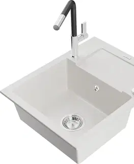 Kuchynské drezy MEXEN/S MEXEN/S - Enzo granitový drez 1-miska s odkvapkávačom vrátane batérie Flora, biela 6506-20-670401-07