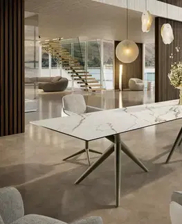 Jedálenské stoly DELIFE Jedálenský stôl Edge 300x100 keramika Calacatta Luxe bielo-zlato-šedá Estelar okrúhly kov titánový efektový povrch
