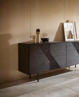 Komody DELIFE Komoda Tereos 200 cm jaseň tmavohnedá 3D efekt 4 dvierka okrúhla podstava kov čierna